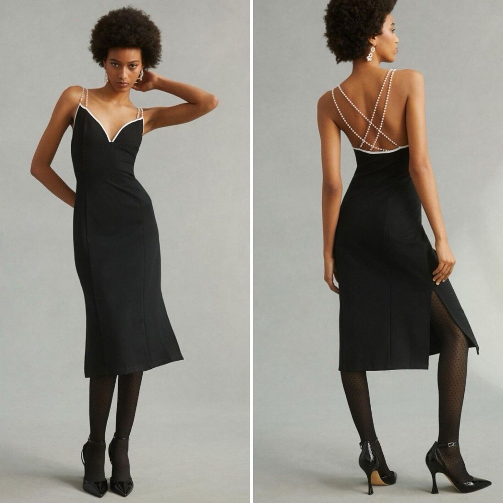 Maeve Anthropologie Black White Pearl Strap Cocktail Midi Dress Large‎ NWT